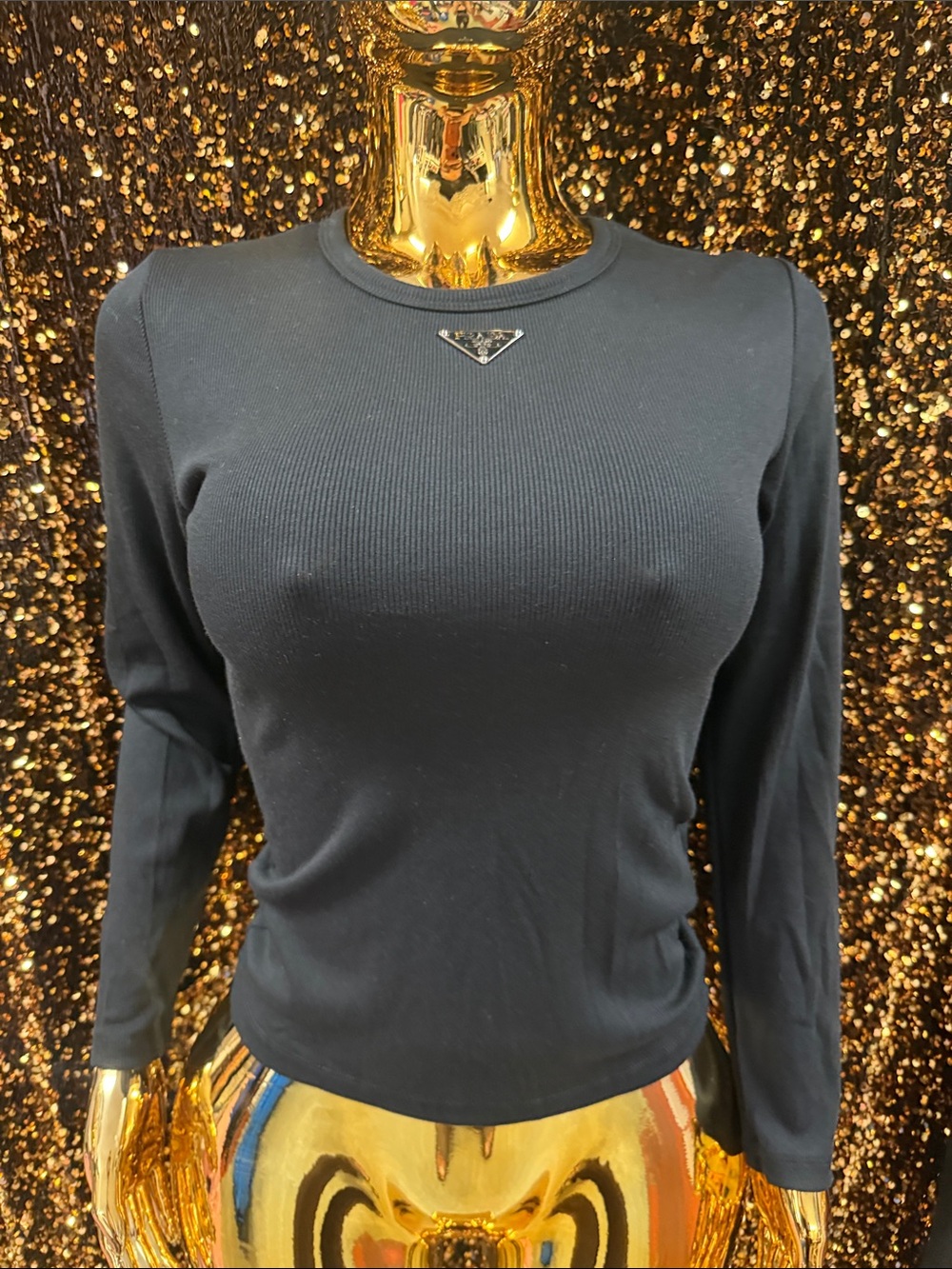 Prada Black Ribbed Long-Sleeve Logo Tee